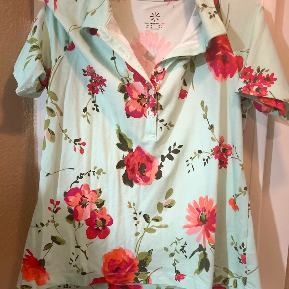 Isaac Mizrahi Floral Button Down Shirt - Mint and red - Picture 1 of 3